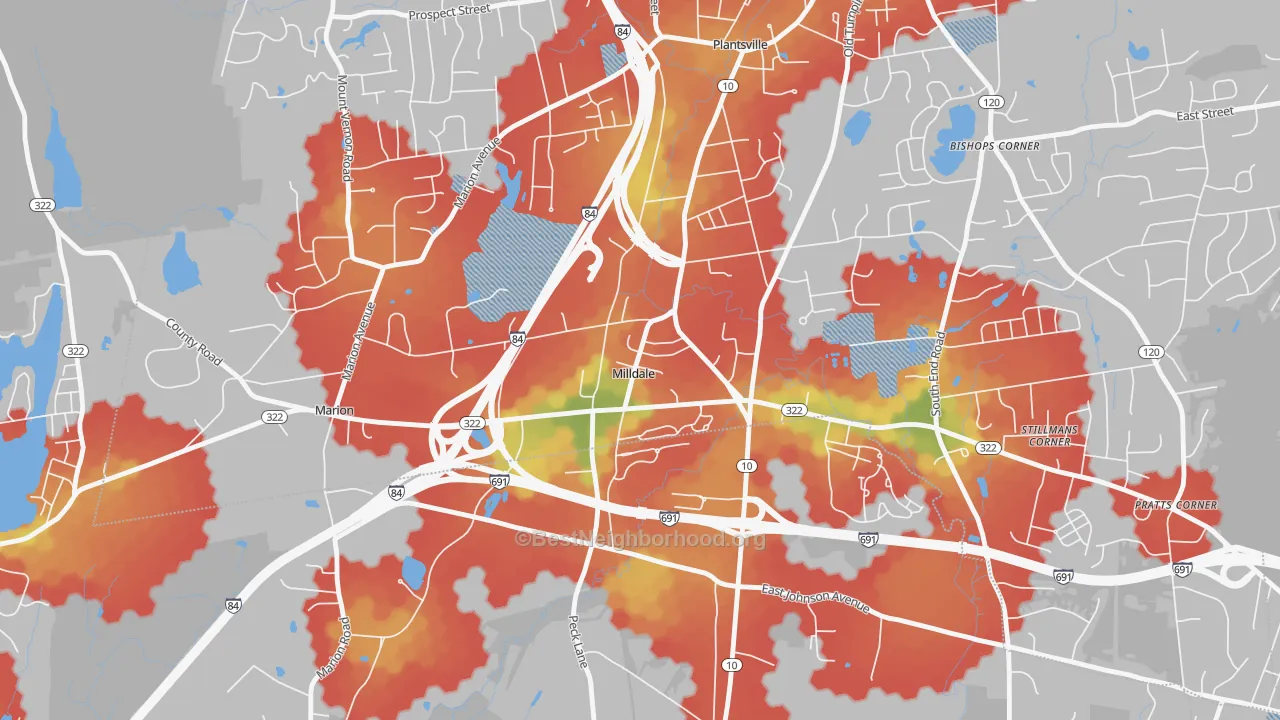 Walk Grade map of Milldale, CT, walkable areas in green and car-dependent areas in red