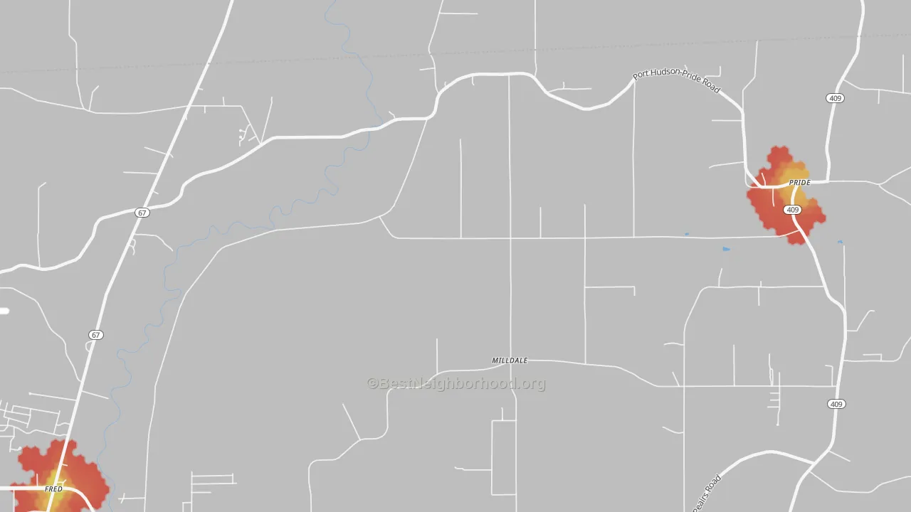 Walk Grade map of Milldale, LA, walkable areas in green and car-dependent areas in red