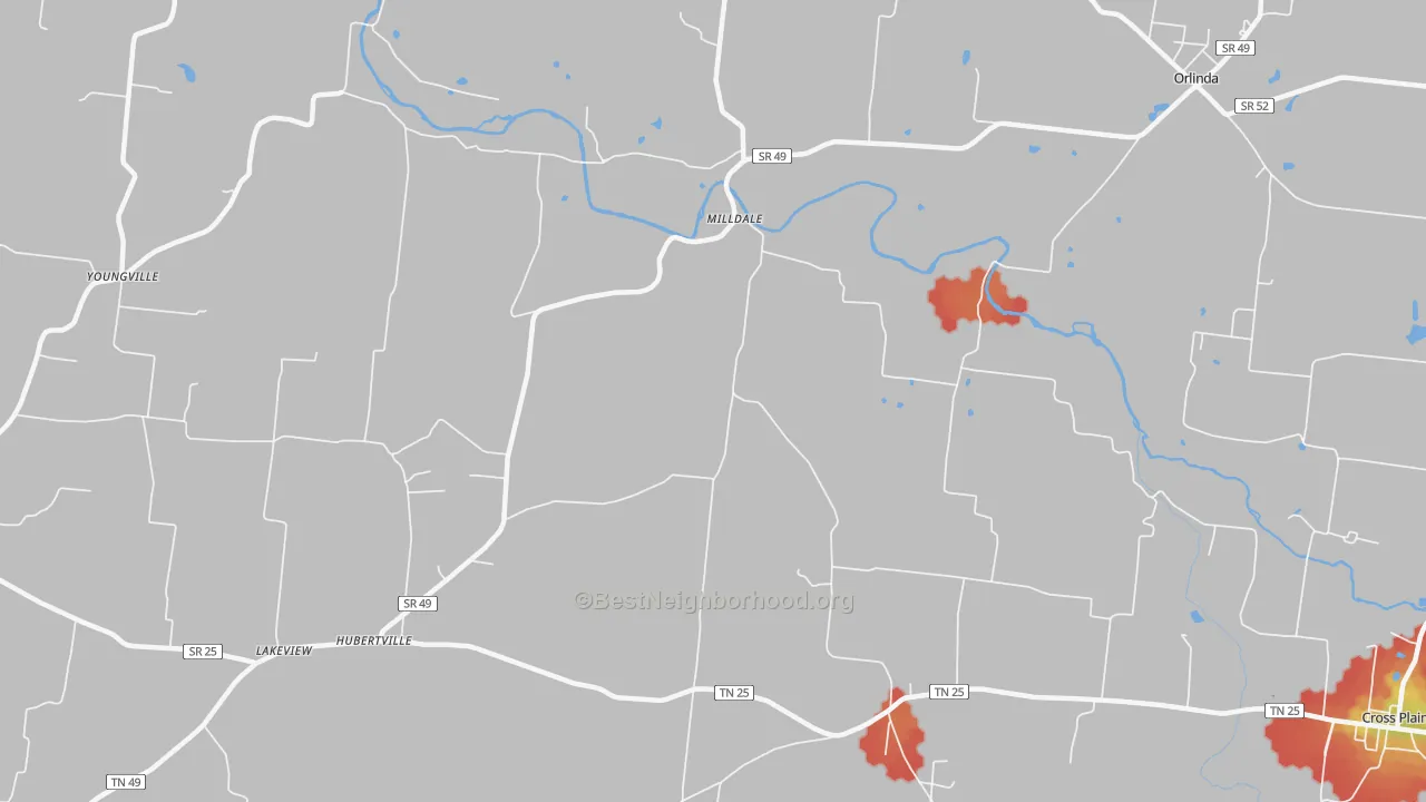 Walk Grade map of Milldale, TN, walkable areas in green and car-dependent areas in red