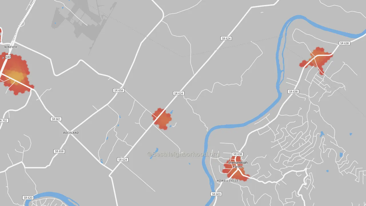 Walk Grade map of Milldale, VA, walkable areas in green and car-dependent areas in red