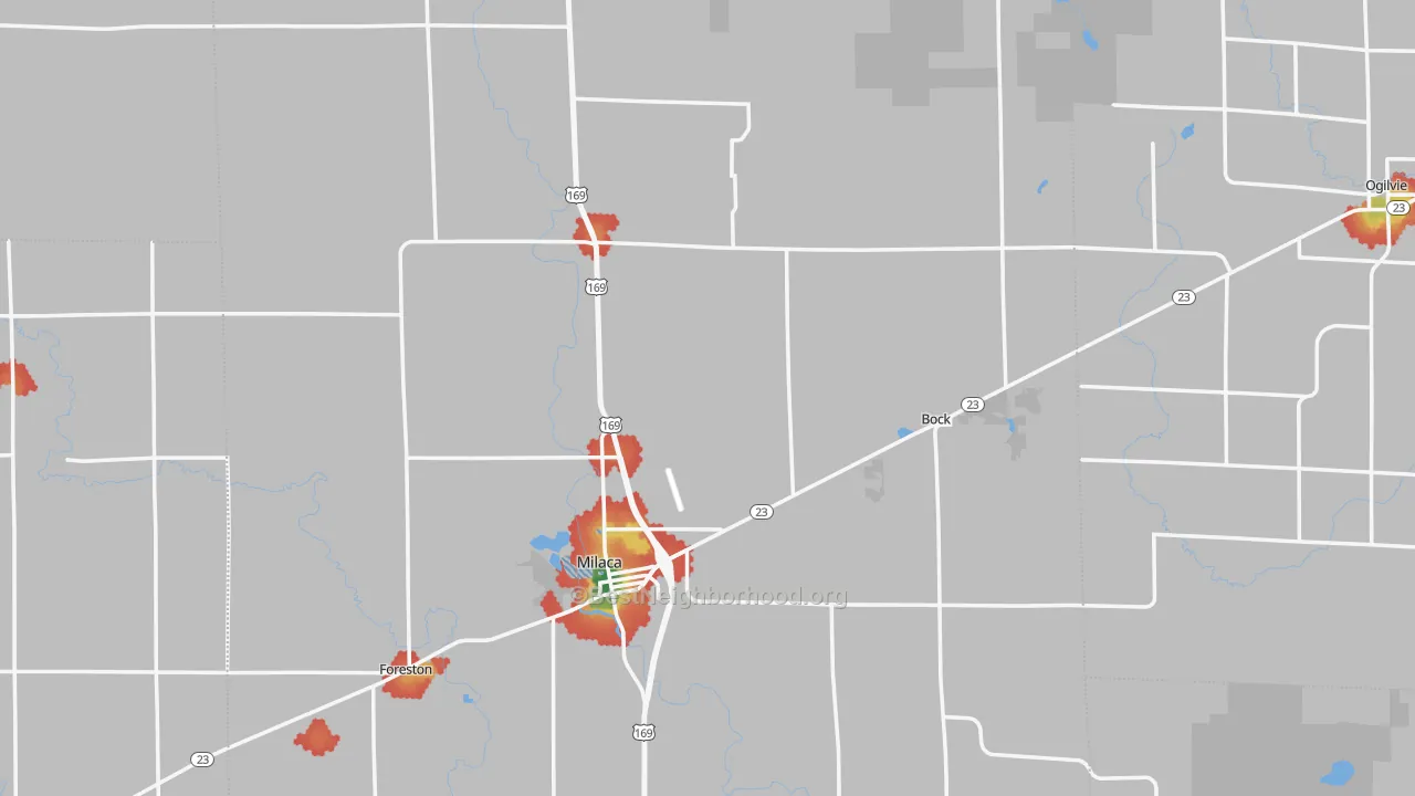 Walk Grade map of Mille Lacs County, MN, walkable areas in green and car-dependent areas in red