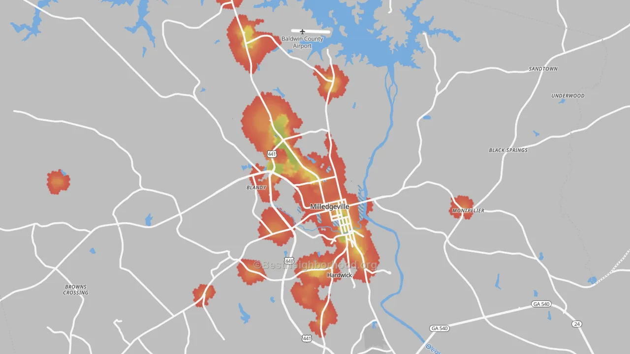 Walk Grade map of Milledgeville, GA, walkable areas in green and car-dependent areas in red