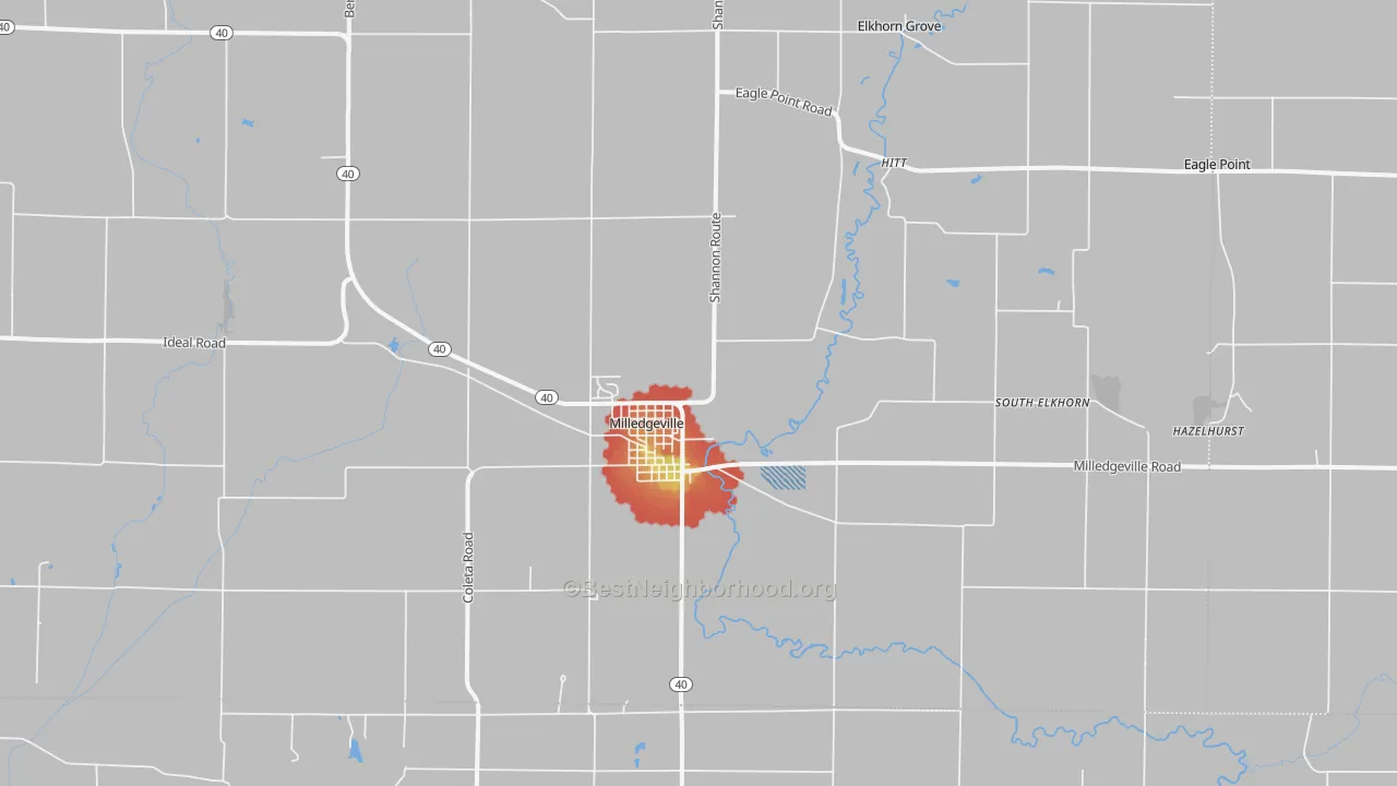Walk Grade map of Milledgeville, IL, walkable areas in green and car-dependent areas in red