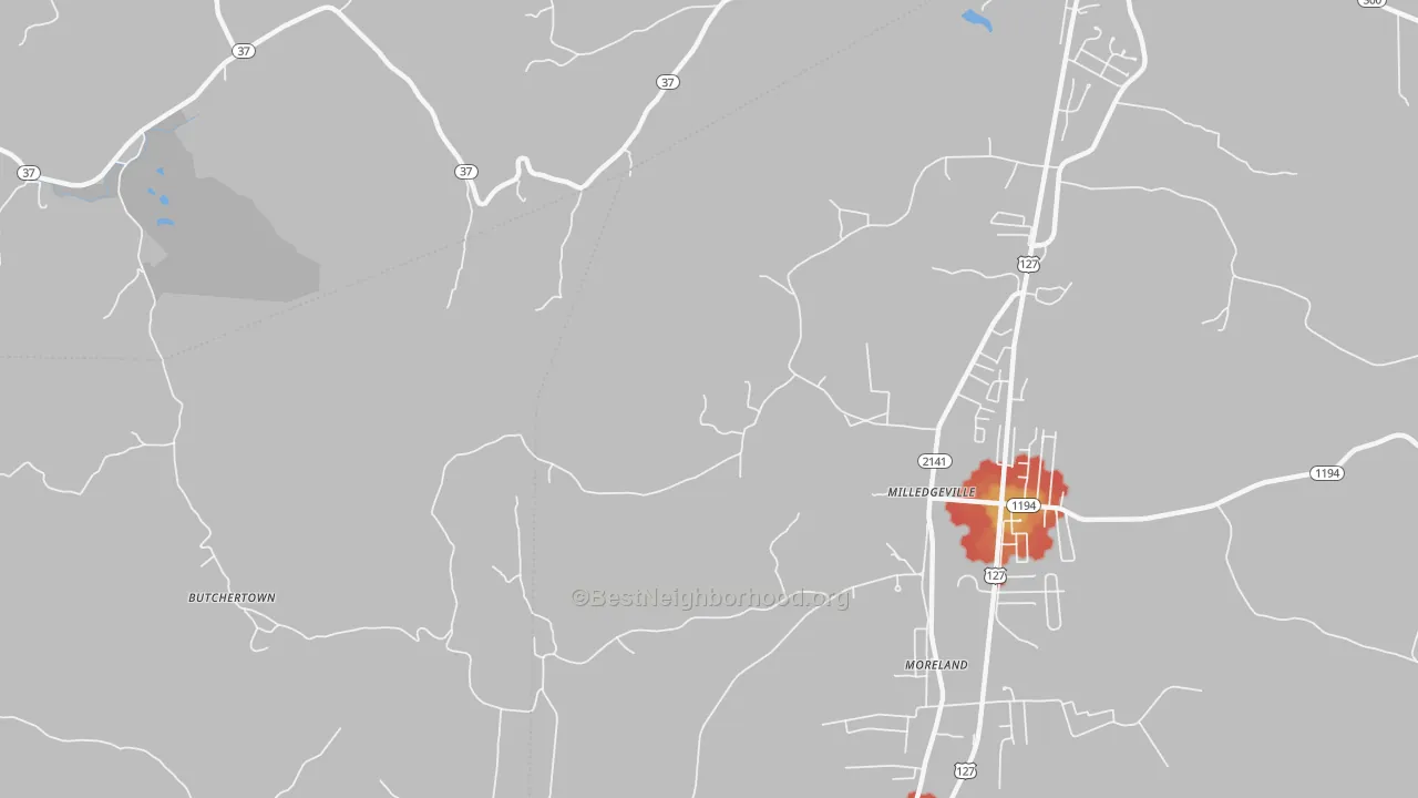 Walk Grade map of Milledgeville, KY, walkable areas in green and car-dependent areas in red