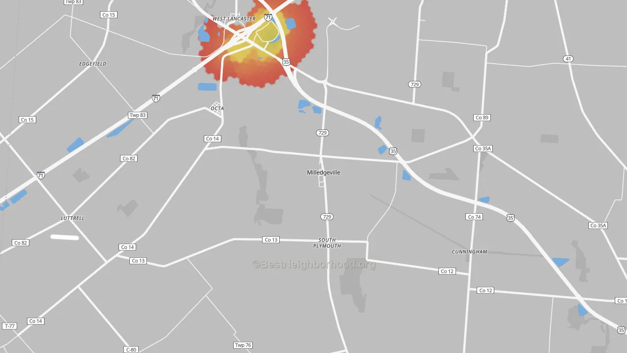 Walk Grade map of Milledgeville, OH, walkable areas in green and car-dependent areas in red