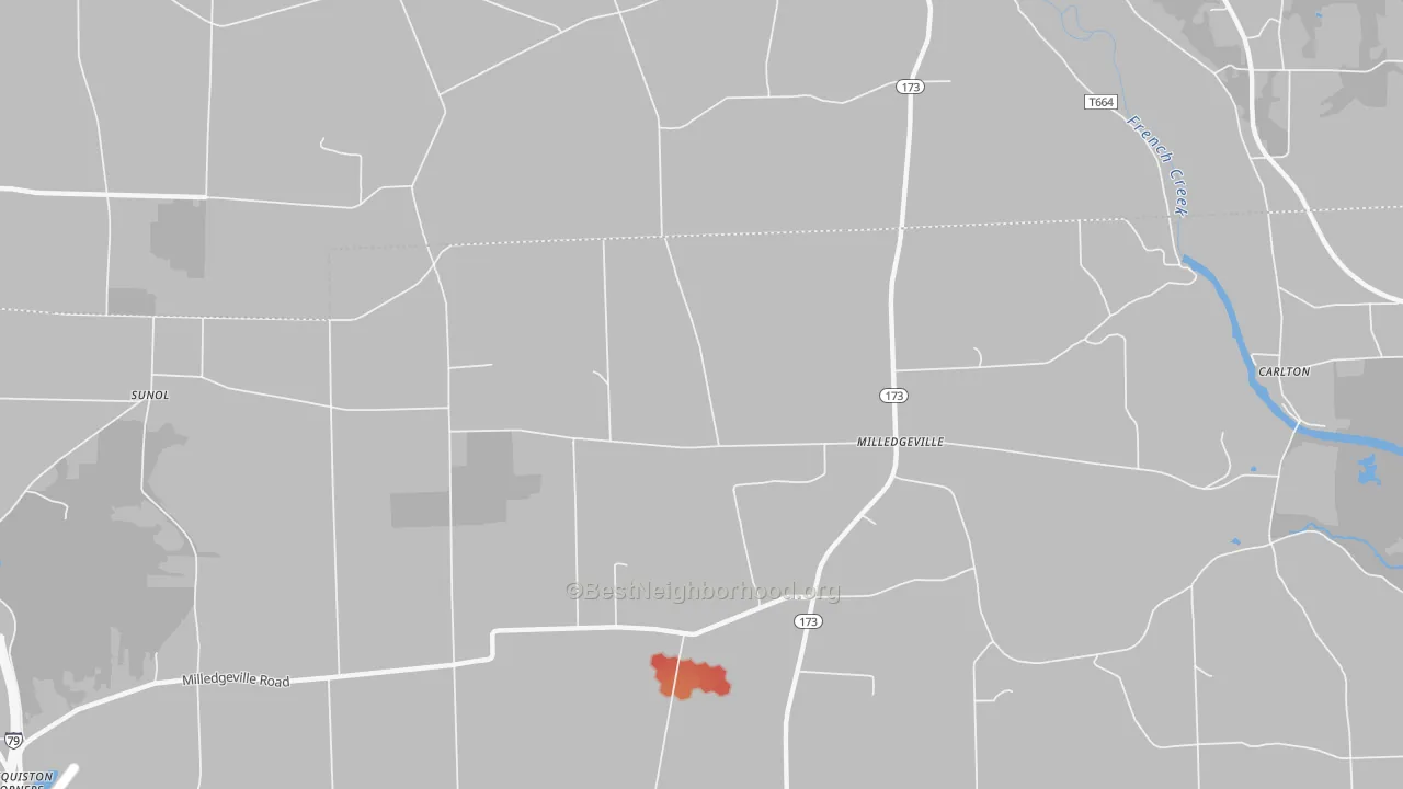 Walk Grade map of Milledgeville, PA, walkable areas in green and car-dependent areas in red