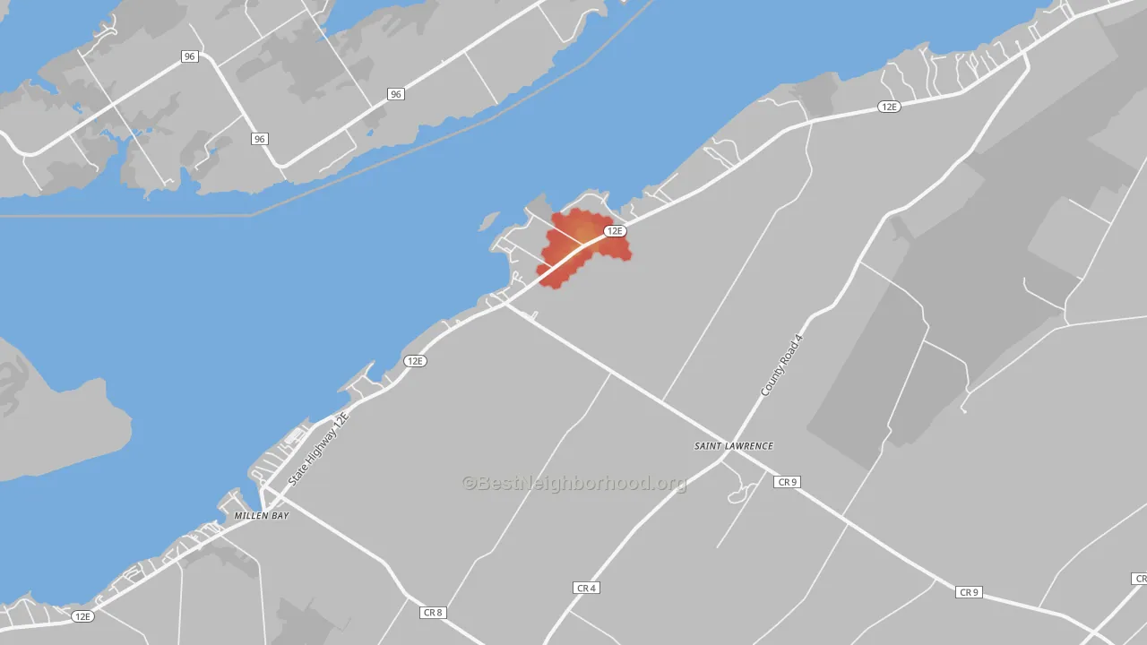 Walk Grade map of Millen Bay, NY, walkable areas in green and car-dependent areas in red