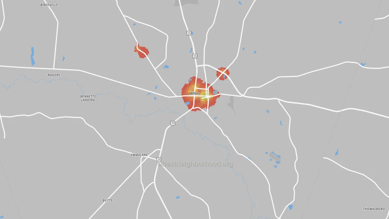 Walk Grade map of Millen, GA, walkable areas in green and car-dependent areas in red