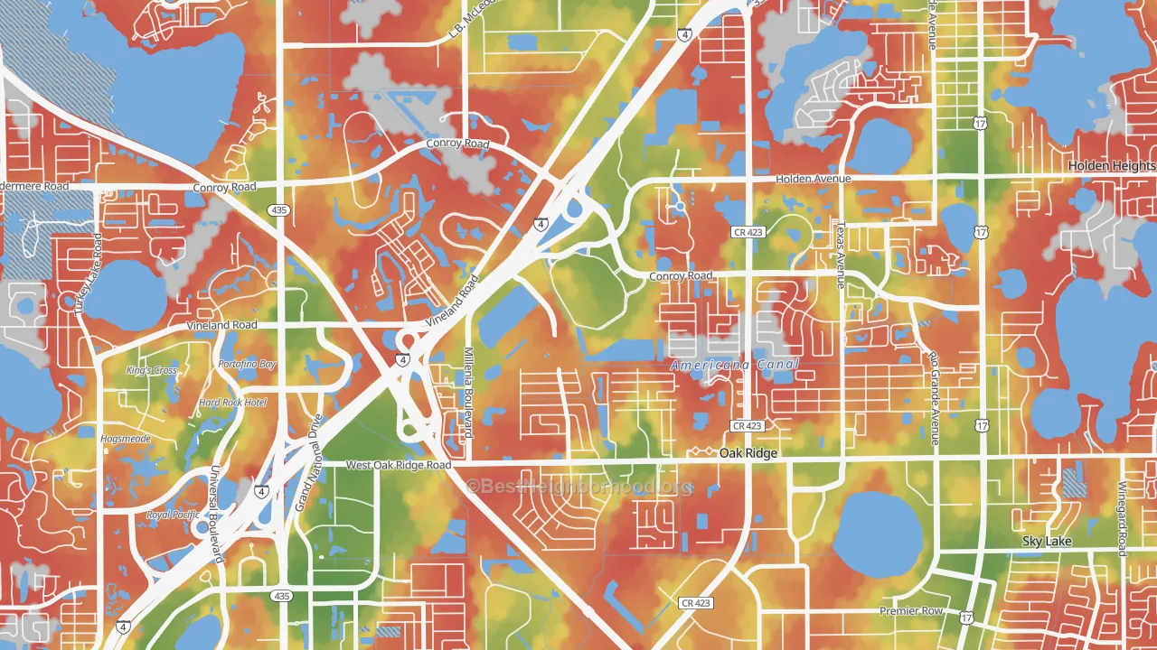 Walk Grade map of Millenia, Orlando, FL, walkable areas in green and car-dependent areas in red