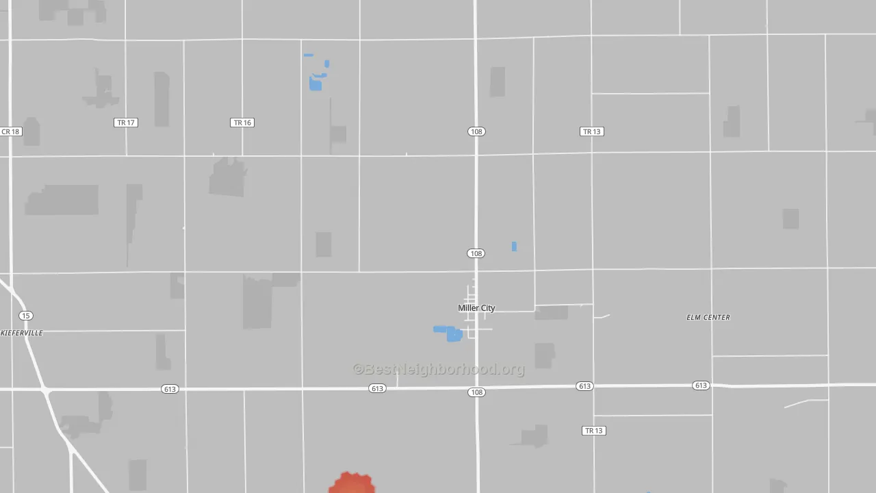 Walk Grade map of Miller City, OH, walkable areas in green and car-dependent areas in red