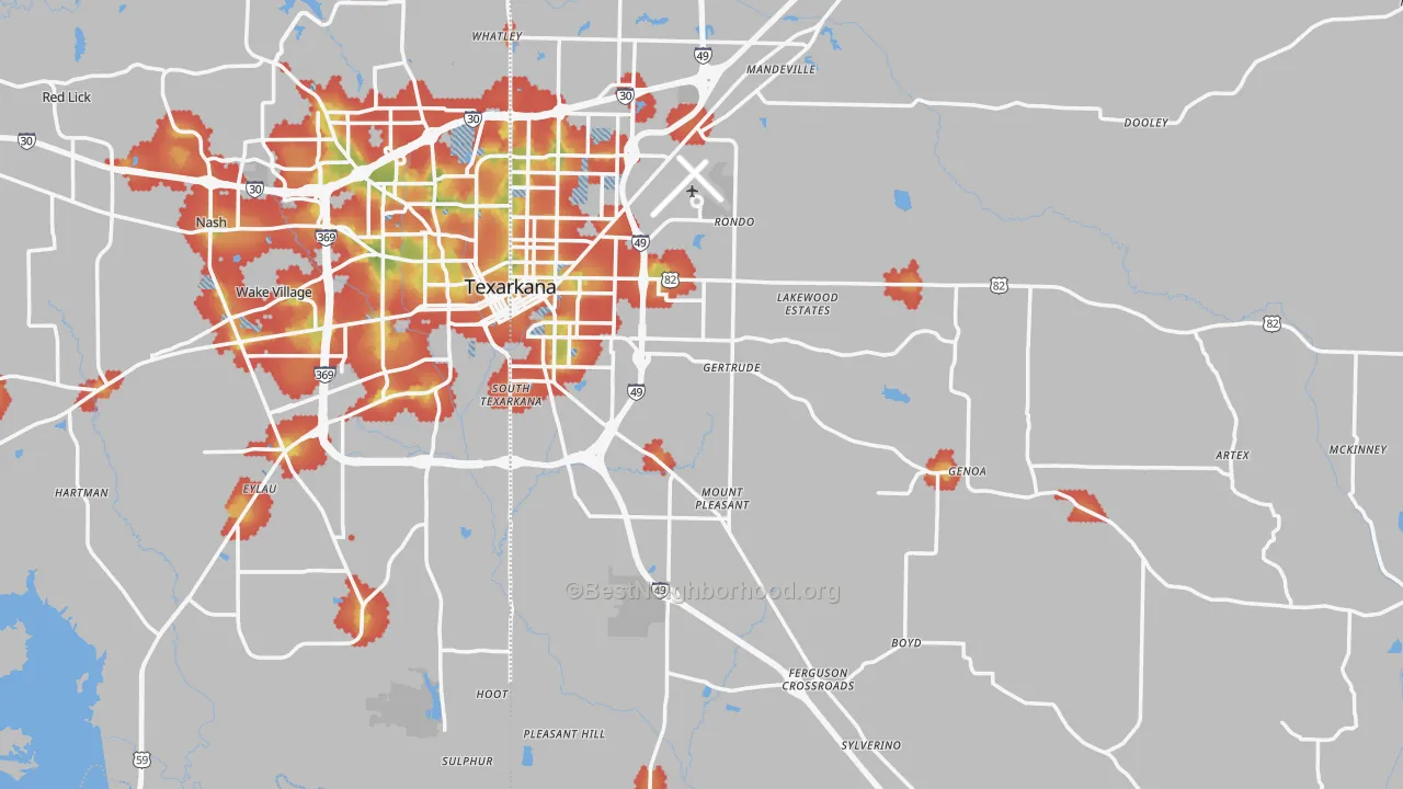 Walk Grade map of Miller County, AR, walkable areas in green and car-dependent areas in red