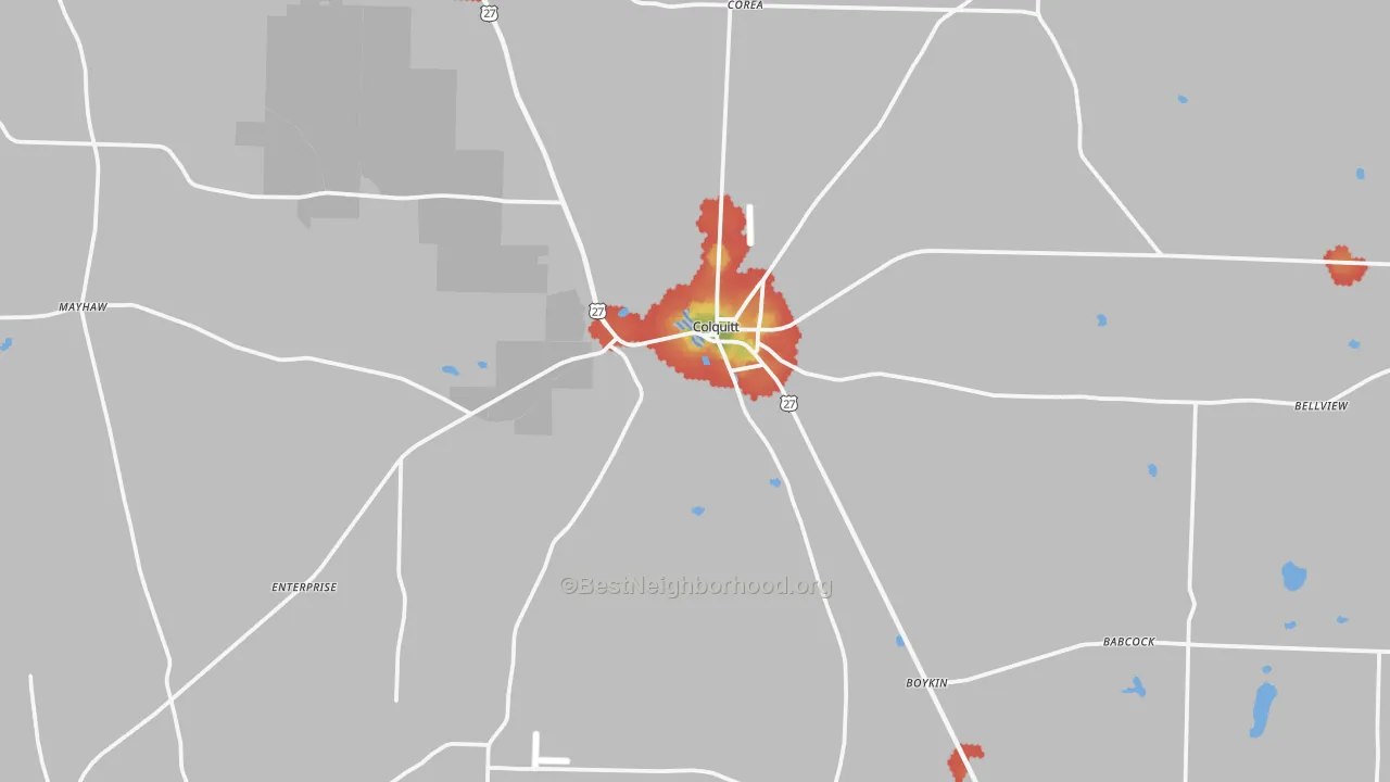 Walk Grade map of Miller County, GA, walkable areas in green and car-dependent areas in red