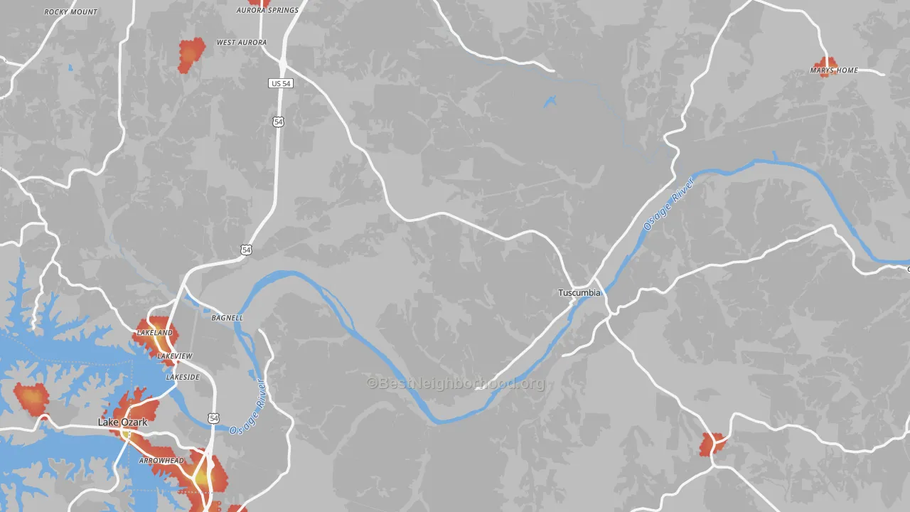 Walk Grade map of Miller County, MO, walkable areas in green and car-dependent areas in red