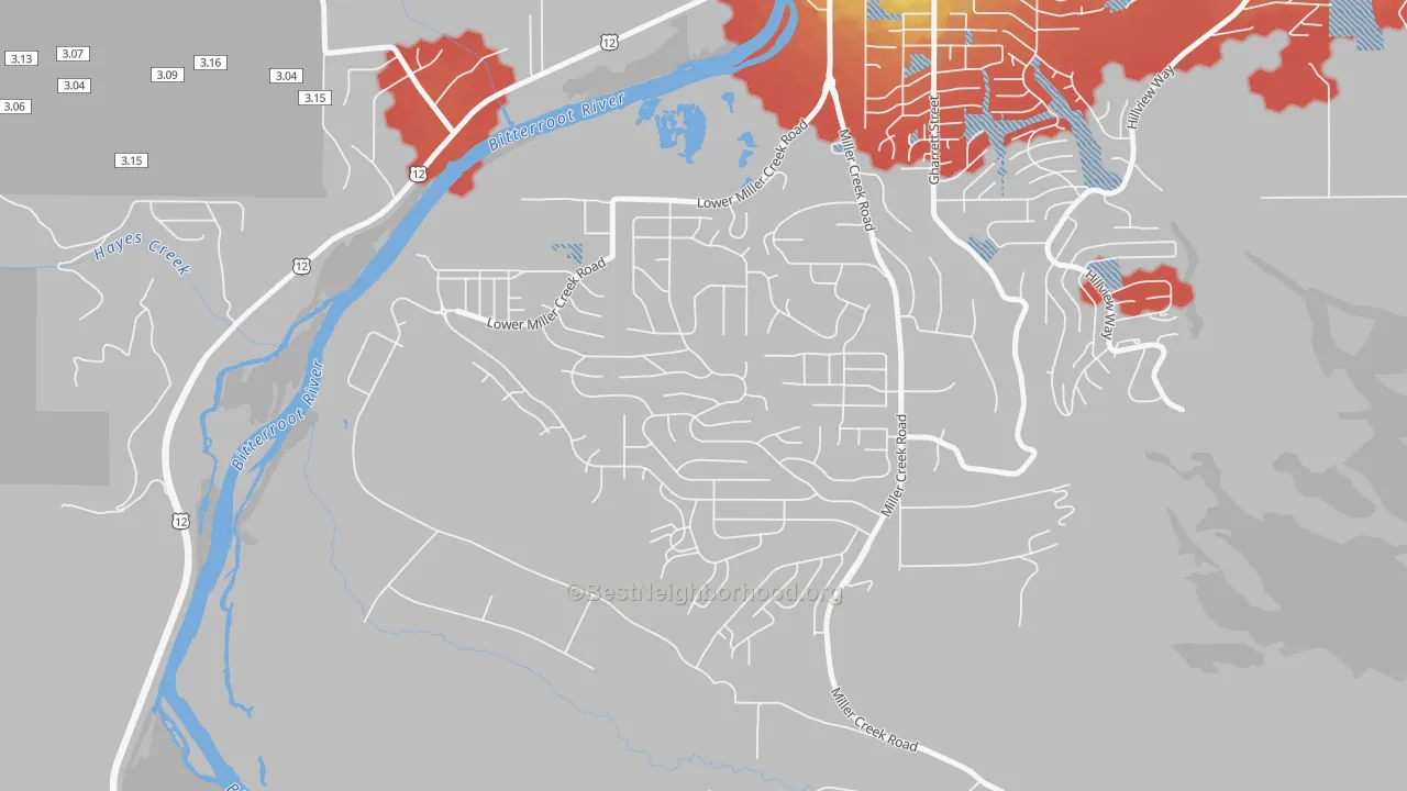 Walk Grade map of Miller Creek, Missoula, MT, walkable areas in green and car-dependent areas in red