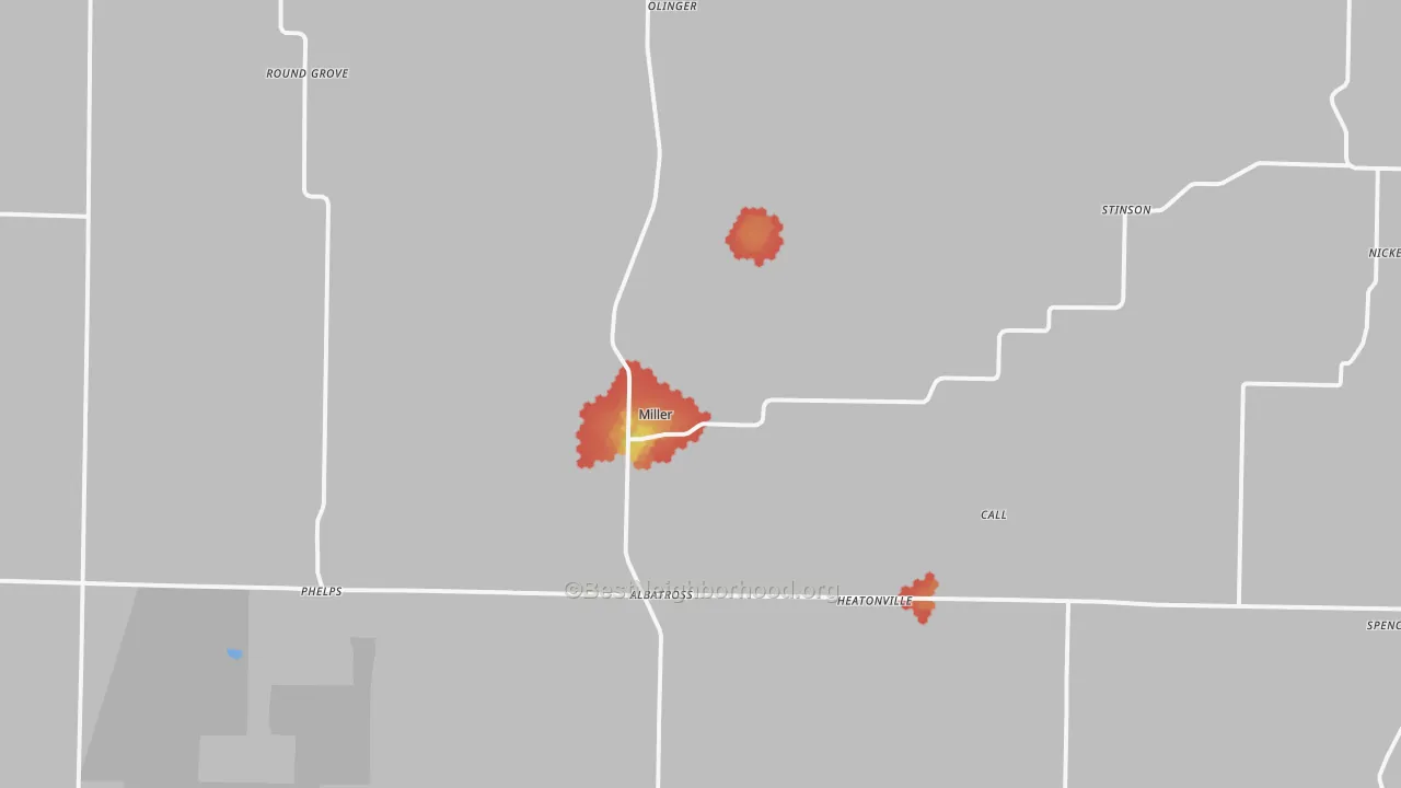 Walk Grade map of Miller, MO, walkable areas in green and car-dependent areas in red