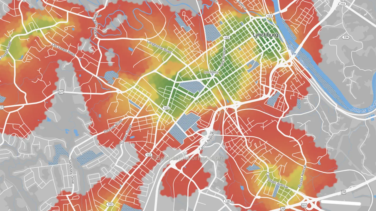 Walk Grade map of Miller Park, Lynchburg, VA, walkable areas in green and car-dependent areas in red