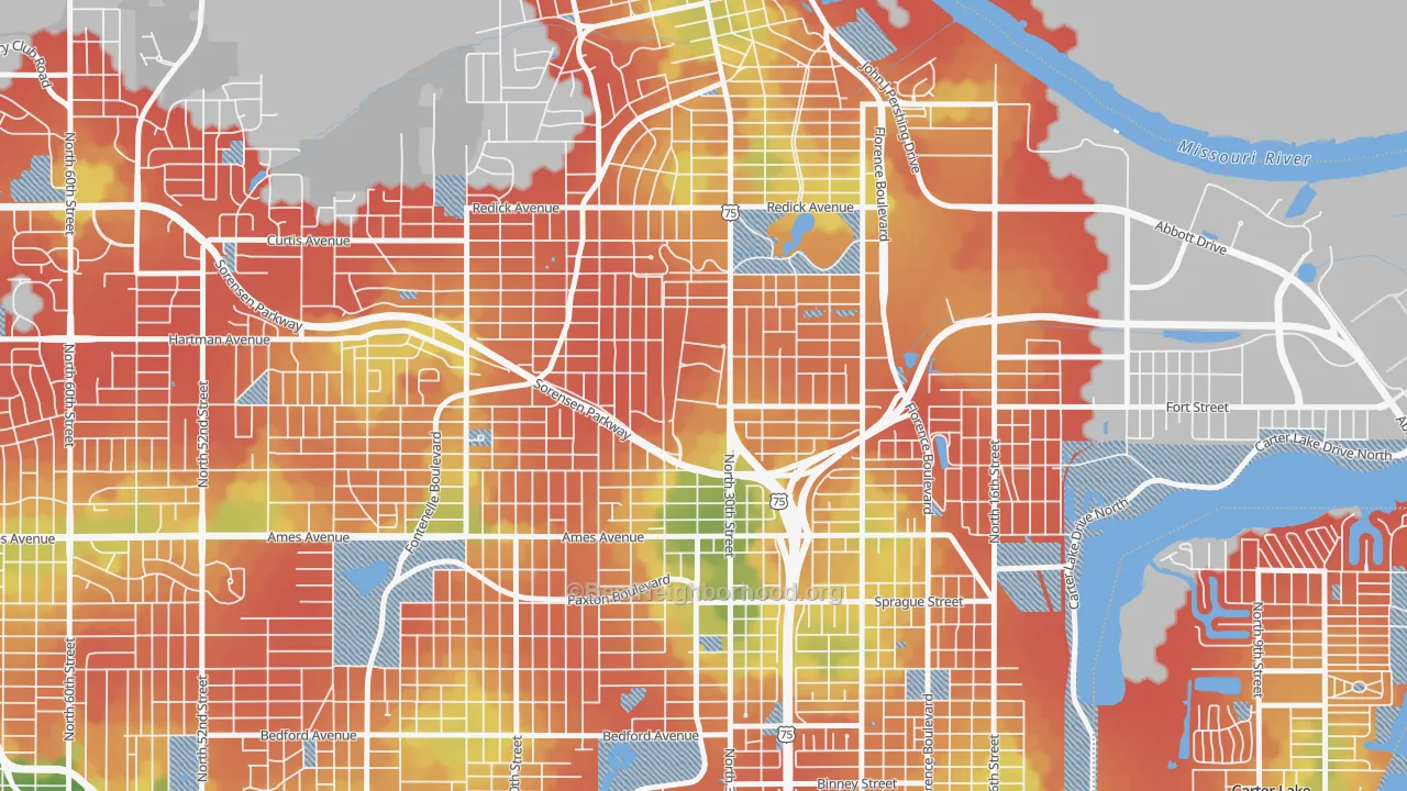 Walk Grade map of Miller Park Minne Lusa Area, Omaha, NE, walkable areas in green and car-dependent areas in red