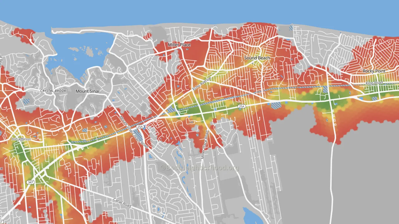 Walk Grade map of Miller Place, NY, walkable areas in green and car-dependent areas in red