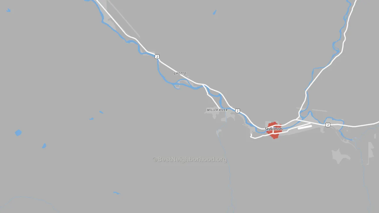 Walk Grade map of Miller River, WA, walkable areas in green and car-dependent areas in red