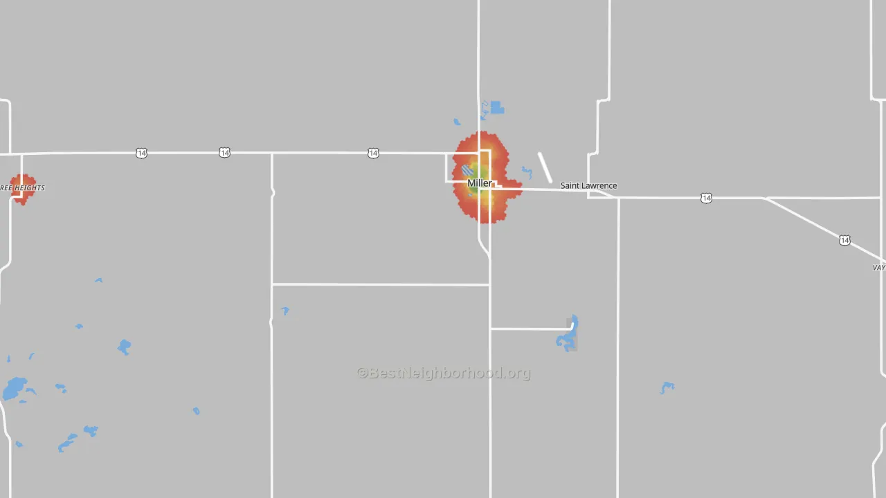 Walk Grade map of Miller, SD, walkable areas in green and car-dependent areas in red