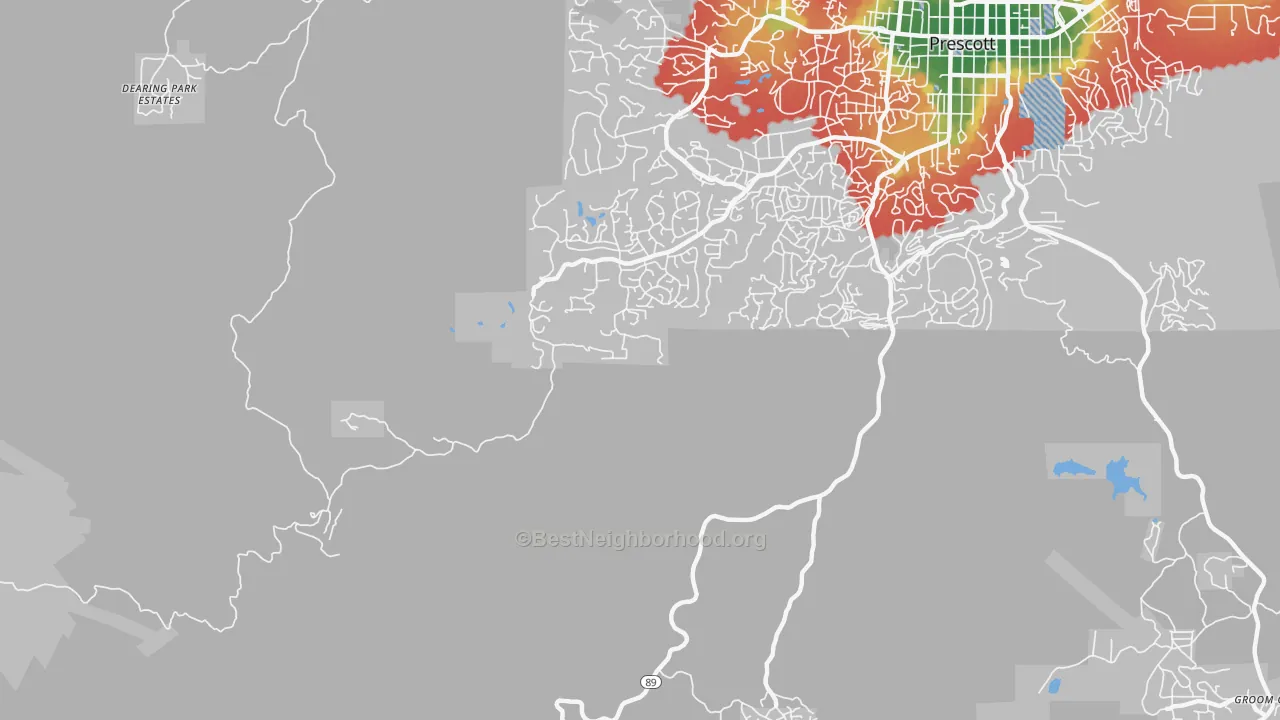 Walk Grade map of Miller Valley, AZ, walkable areas in green and car-dependent areas in red
