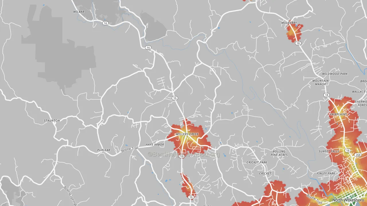 Walk Grade map of Millers Creek, NC, walkable areas in green and car-dependent areas in red