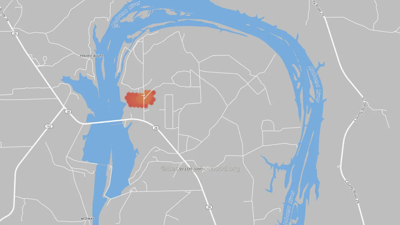 Walk Grade map of Millers Ferry, AL, walkable areas in green and car-dependent areas in red