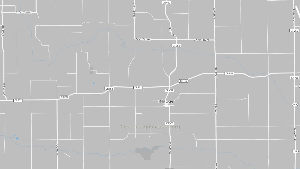 Walk Grade map of Millersburg, IA, walkable areas in green and car-dependent areas in red