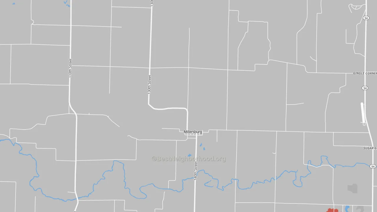 Walk Grade map of Millersburg, IL, walkable areas in green and car-dependent areas in red