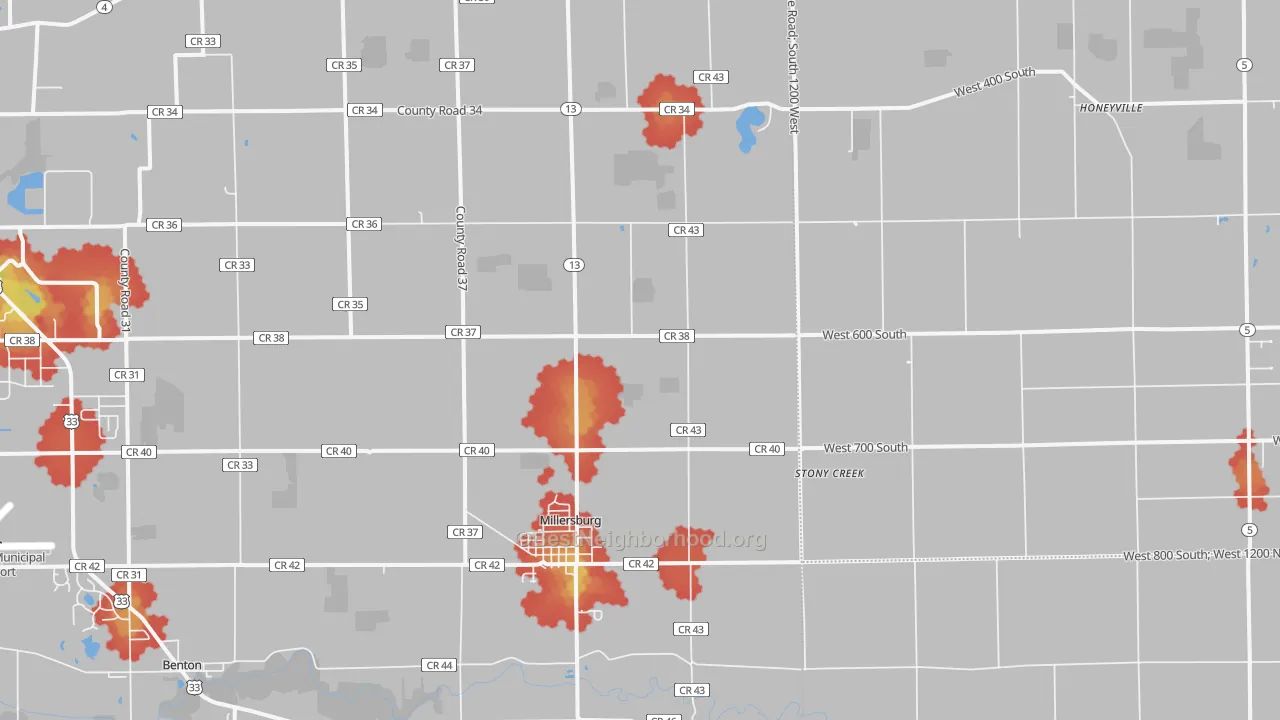 Walk Grade map of Millersburg, IN, walkable areas in green and car-dependent areas in red