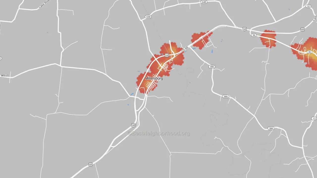 Walk Grade map of Millersburg, KY, walkable areas in green and car-dependent areas in red