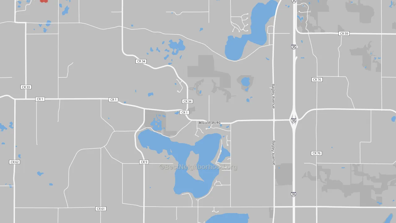 Walk Grade map of Millersburg, MN, walkable areas in green and car-dependent areas in red