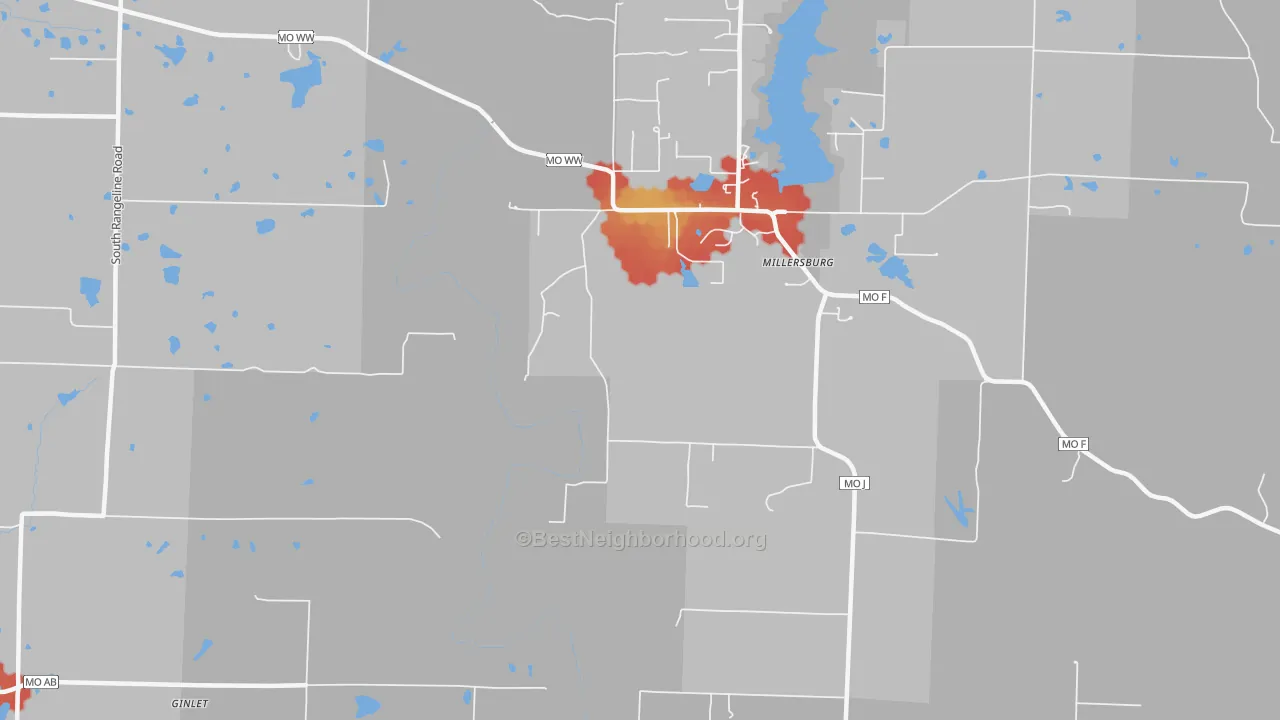 Walk Grade map of Millersburg, MO, walkable areas in green and car-dependent areas in red