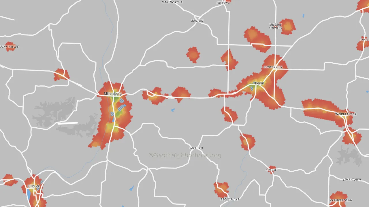 Walk Grade map of Millersburg, OH, walkable areas in green and car-dependent areas in red