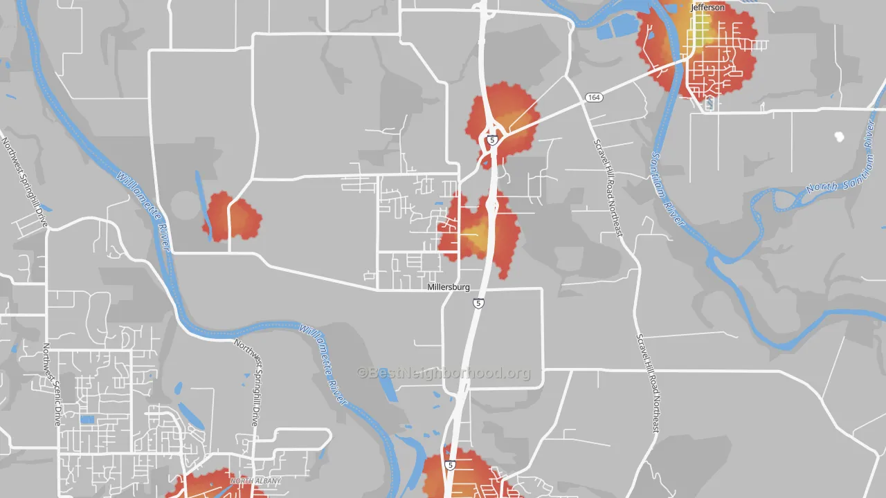 Walk Grade map of Millersburg, OR, walkable areas in green and car-dependent areas in red