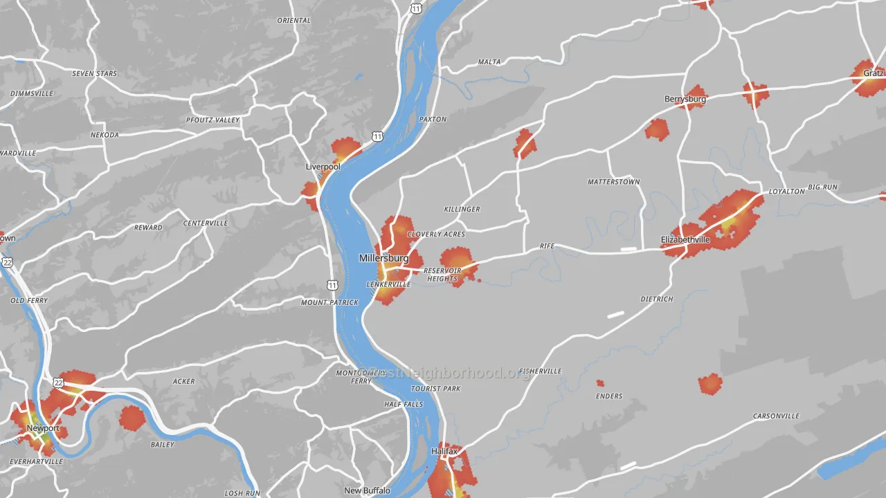 Walk Grade map of Millersburg, PA, walkable areas in green and car-dependent areas in red