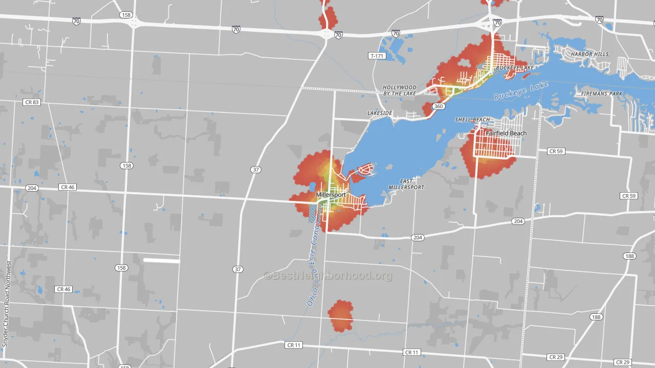 Walk Grade map of Millersport, OH, walkable areas in green and car-dependent areas in red