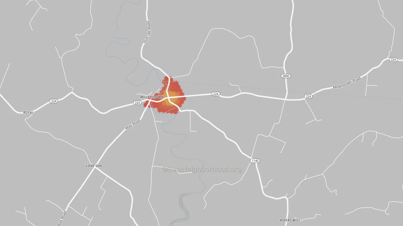 Walk Grade map of Millerstown, KY, walkable areas in green and car-dependent areas in red