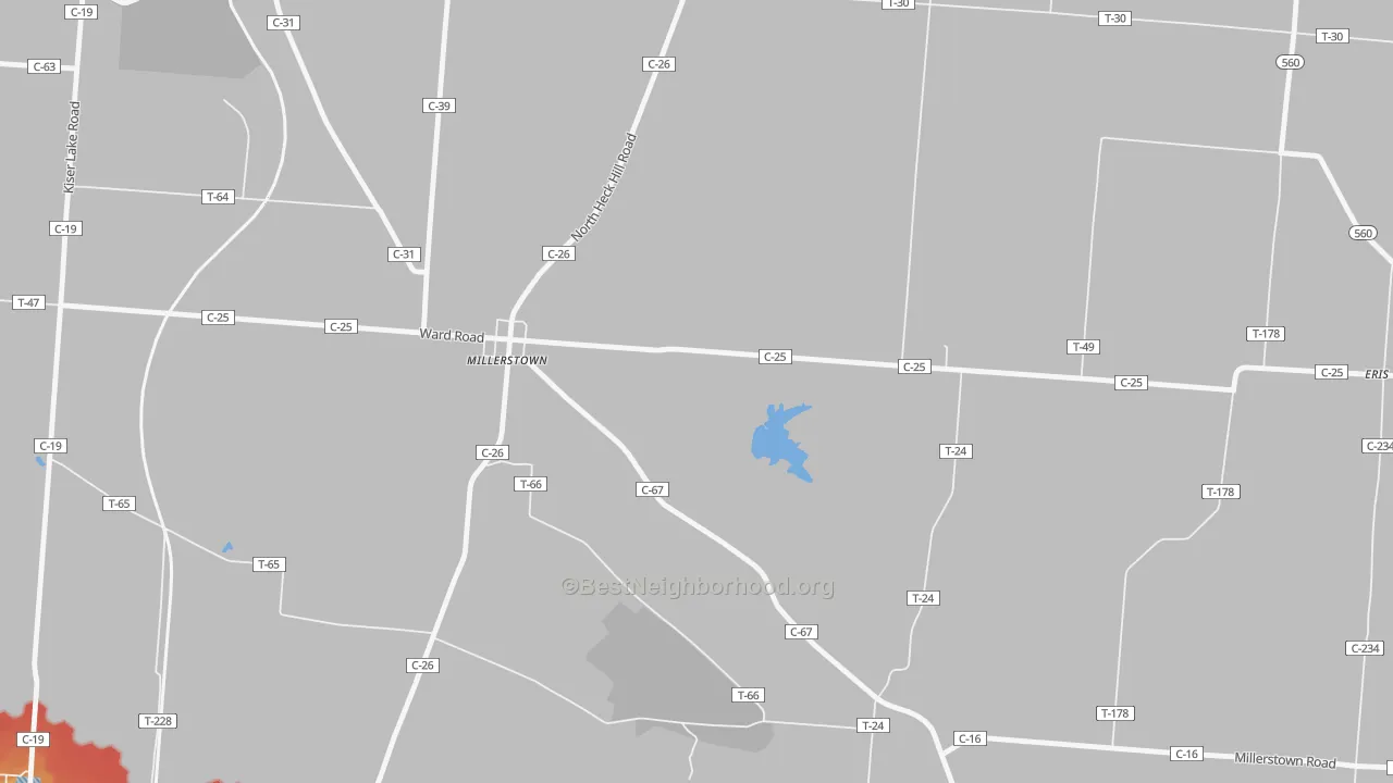 Walk Grade map of Millerstown, OH, walkable areas in green and car-dependent areas in red