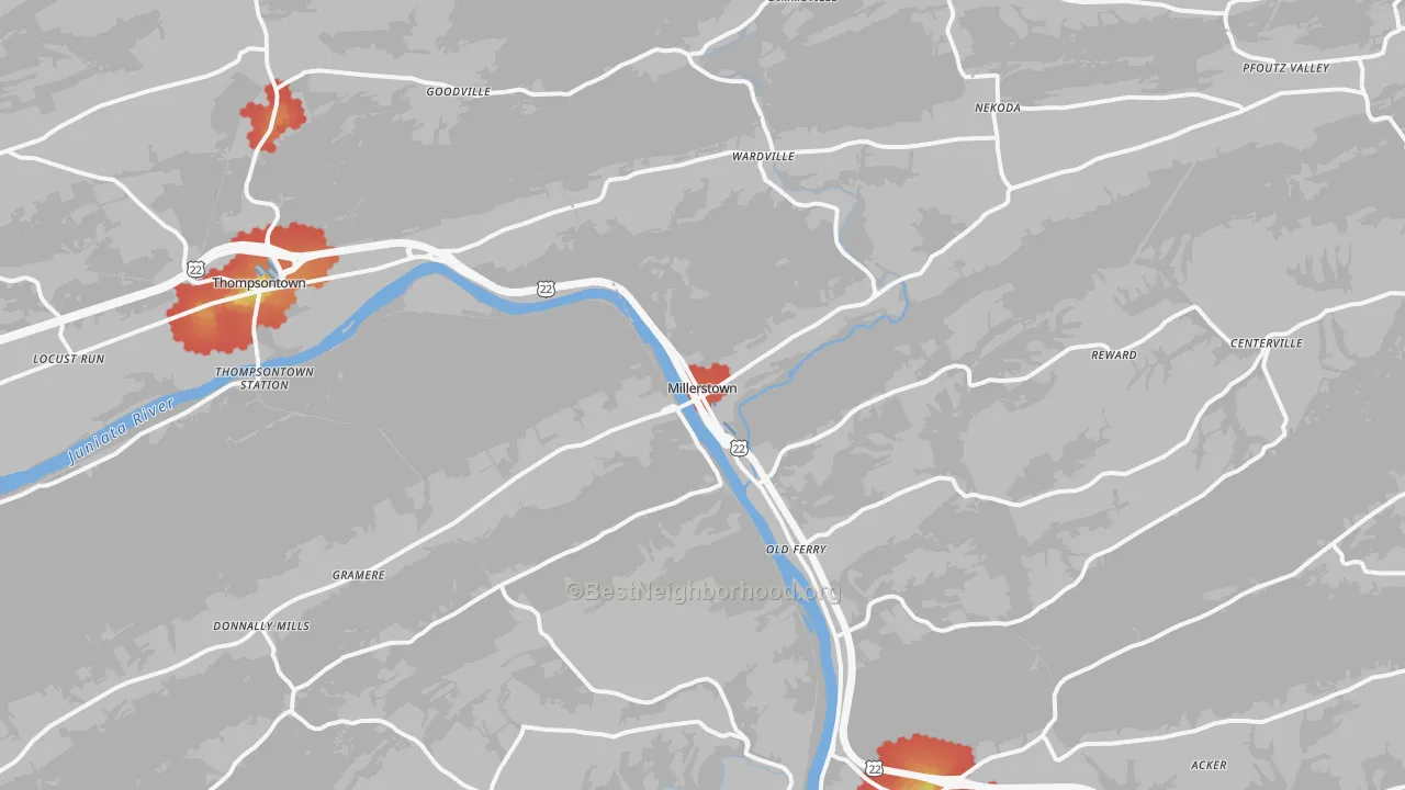 Walk Grade map of Millerstown, PA, walkable areas in green and car-dependent areas in red