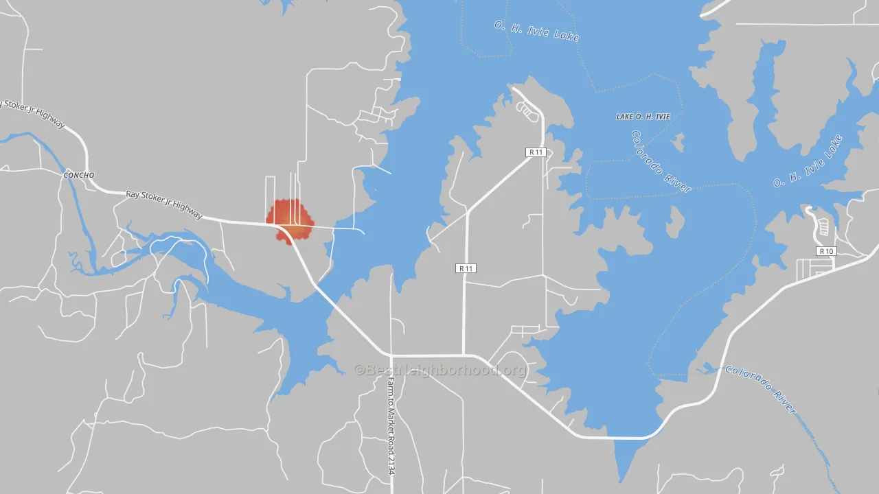 Walk Grade map of Millersview, TX, walkable areas in green and car-dependent areas in red