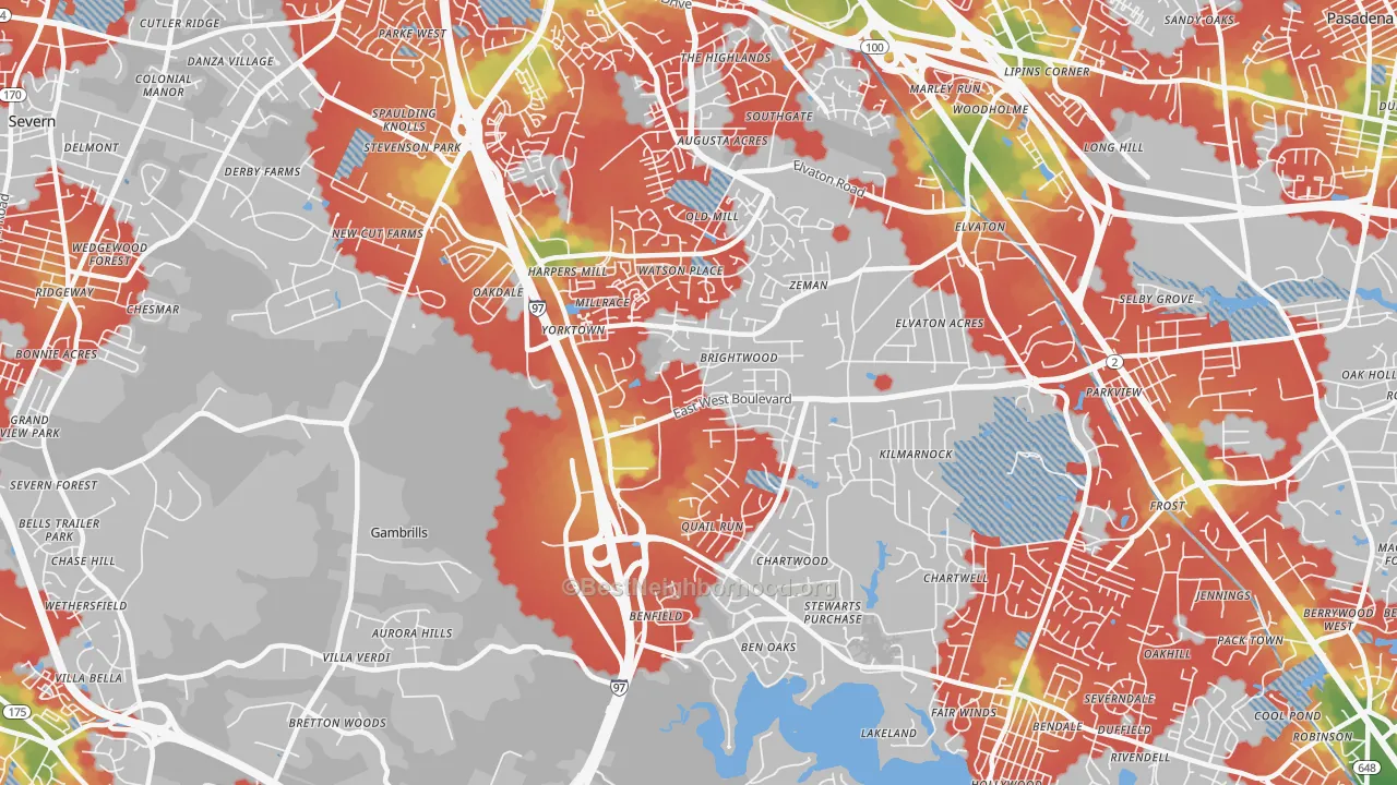 Walk Grade map of Millersville, MD, walkable areas in green and car-dependent areas in red