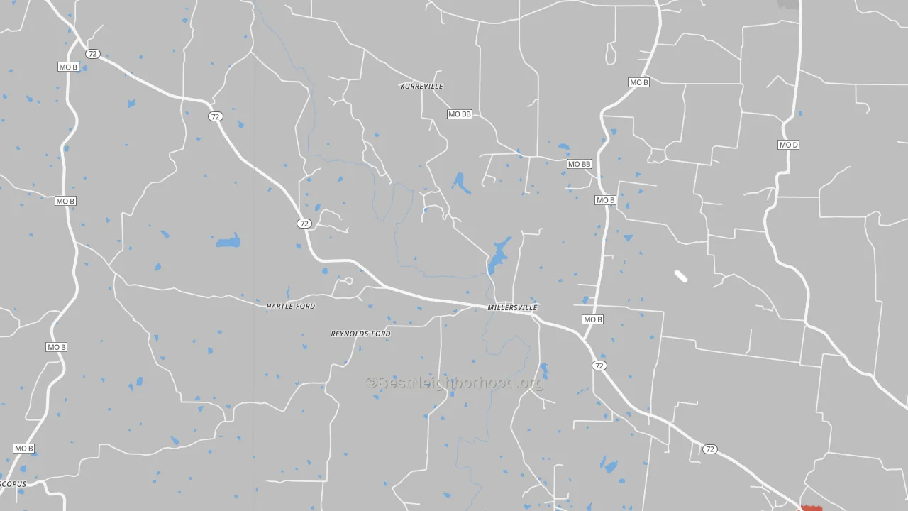 Walk Grade map of Millersville, MO, walkable areas in green and car-dependent areas in red