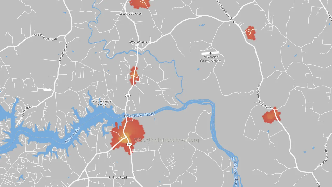 Walk Grade map of Millersville, NC, walkable areas in green and car-dependent areas in red