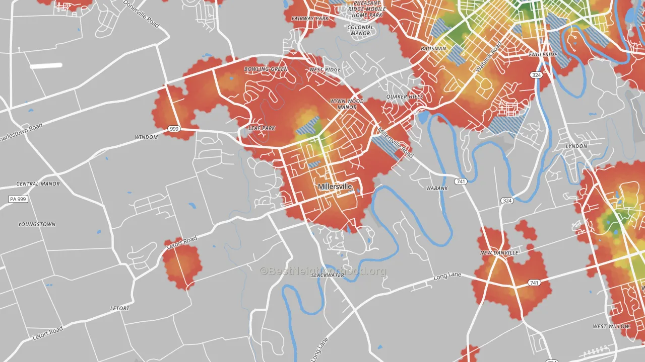 Walk Grade map of Millersville, PA, walkable areas in green and car-dependent areas in red