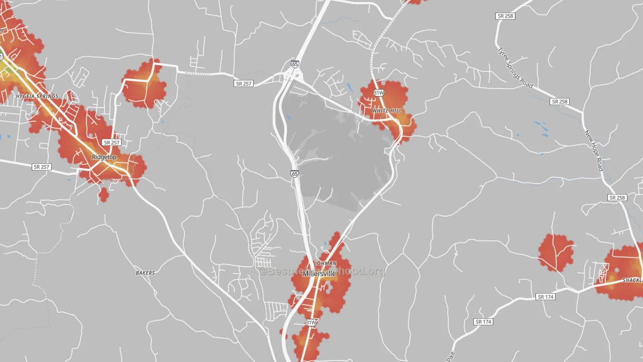 Walk Grade map of Millersville, TN, walkable areas in green and car-dependent areas in red