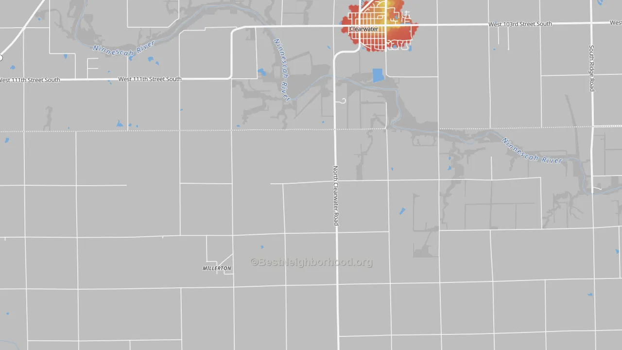 Walk Grade map of Millerton, KS, walkable areas in green and car-dependent areas in red