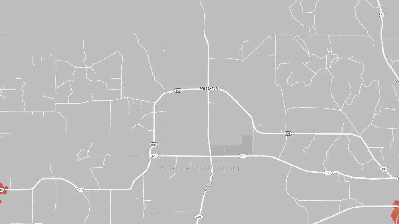 Walk Grade map of Millerton, LA, walkable areas in green and car-dependent areas in red