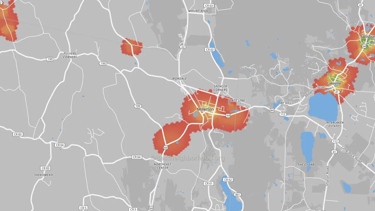Walk Grade map of Millerton, NY, walkable areas in green and car-dependent areas in red
