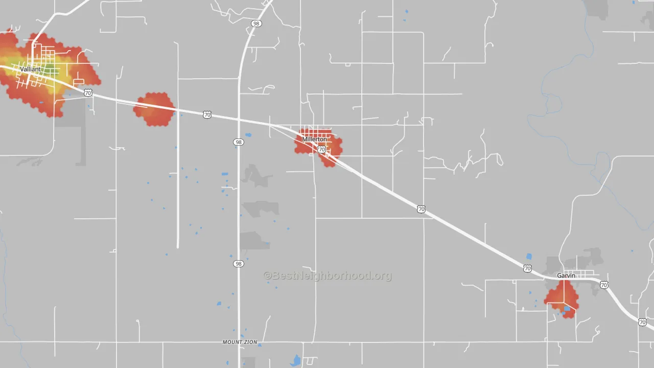 Walk Grade map of Millerton, OK, walkable areas in green and car-dependent areas in red